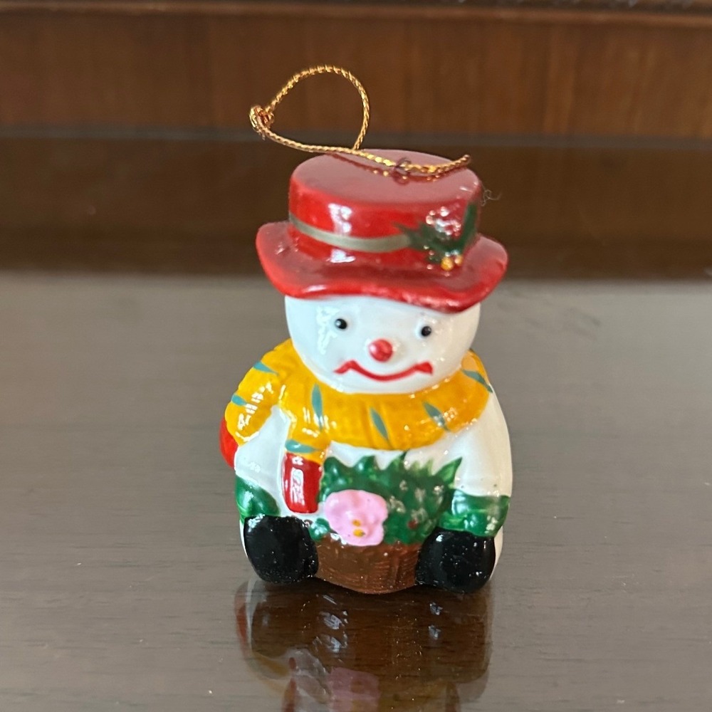 Vintage Ceramic Snowman Christmas Ornament Red Top Hat Yellow Scarf Figurine